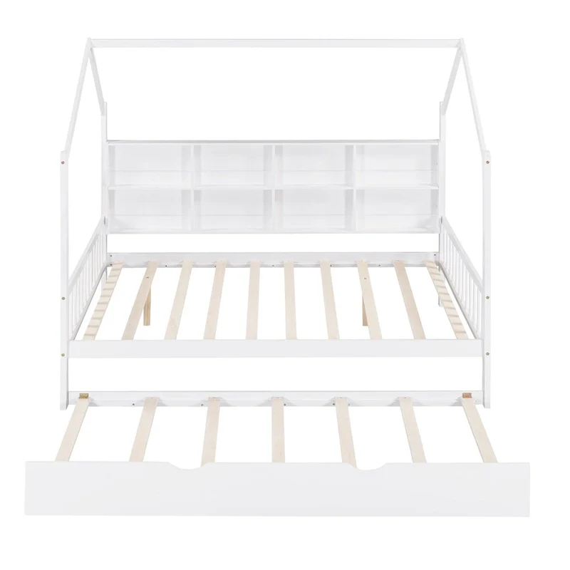 White Full Size Pinewood Kids House Platform Bed with Trundle, Shelf, and Roof