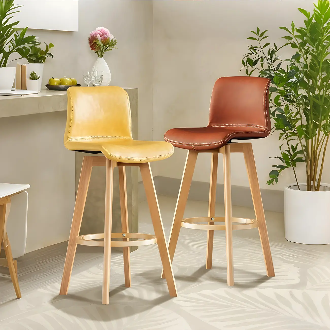 Saddle Leather Counter Height Low Back Swivel Bar Stools