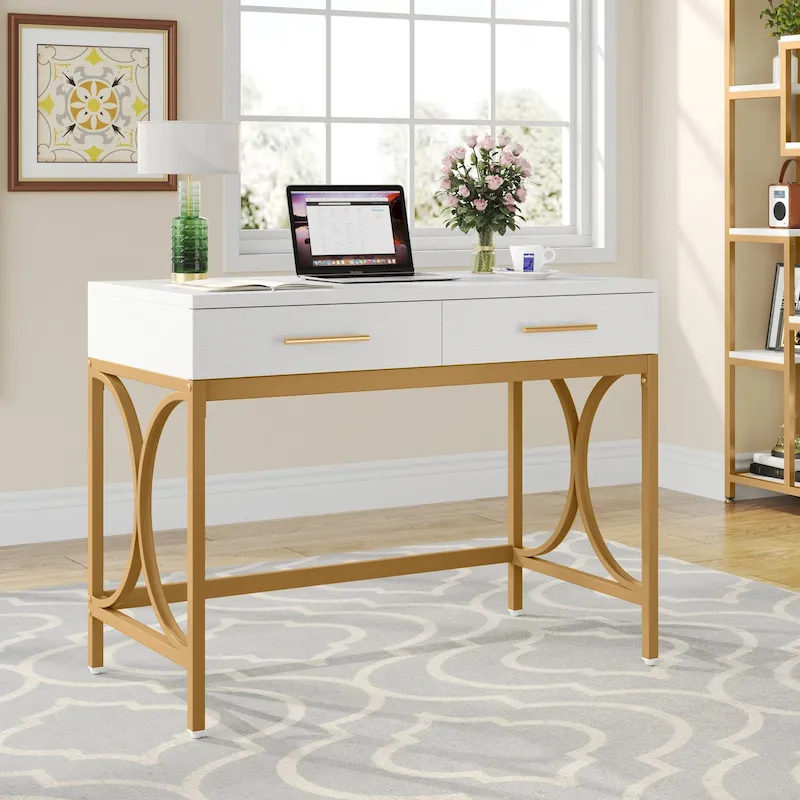 Modern Computer Writing Desk with 2 Drawers, White and Gold Home Office Desk, Makeup Vanity Table