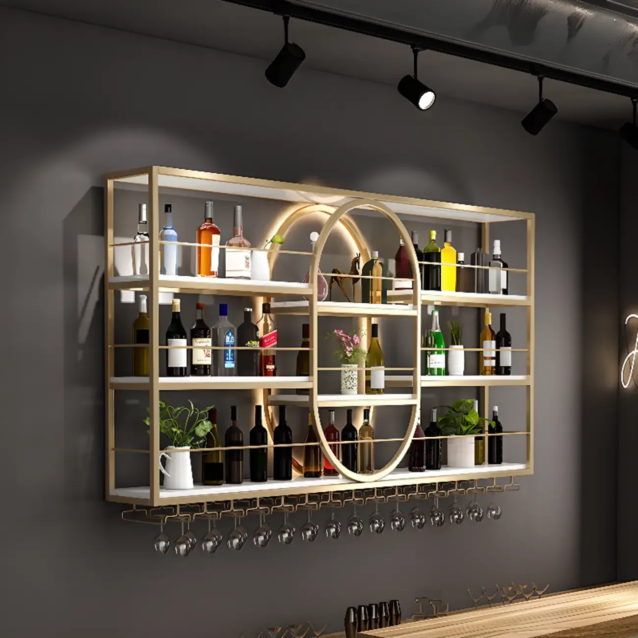 Nordic Metal Black Wall Mounted Wine Rack with Light