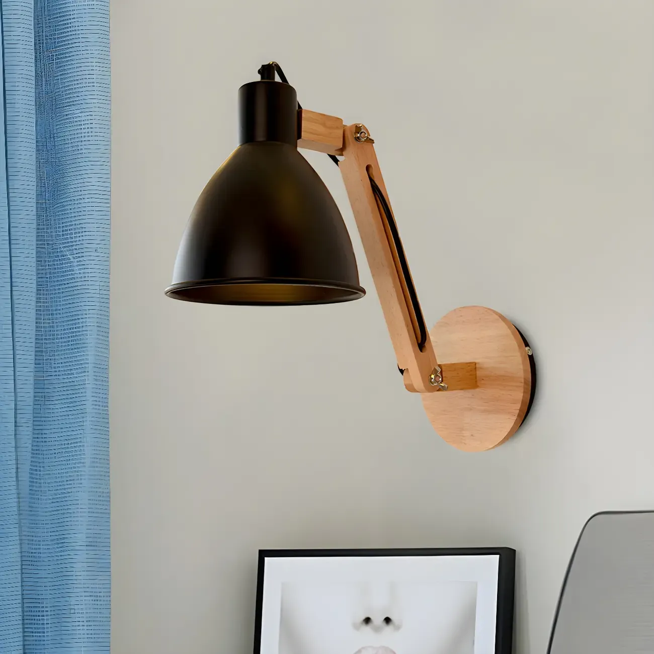 Domed Metal Shade Wood Swing Arm Wall Light