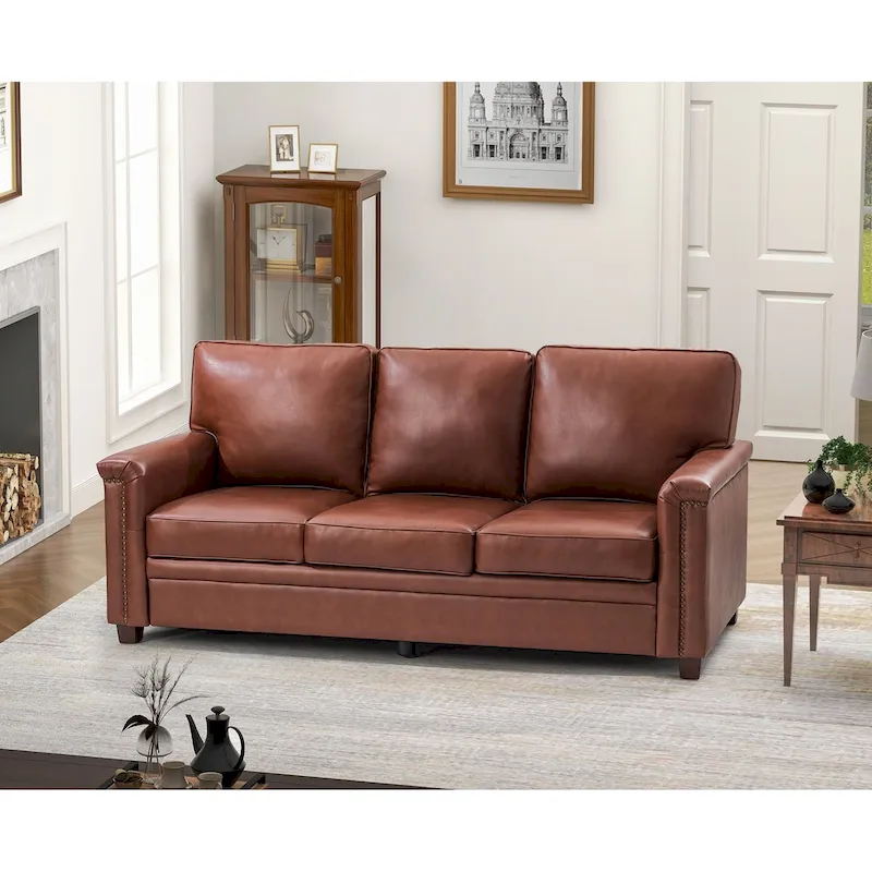 Rita Living Room 3-Seat Genuine Leather Sofa with Solid Wood Legs and Nailhead
