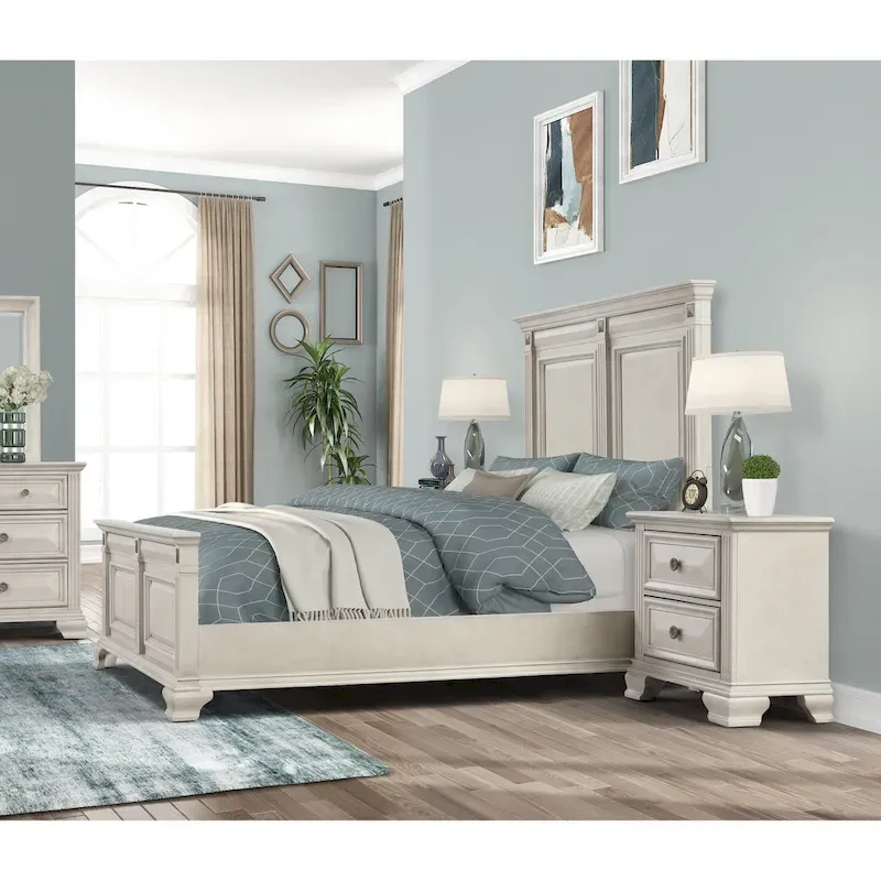 Renova 3-Piece Distressed Parchment Wood Bedroom Set, Panel Bed with 2 Nightstands