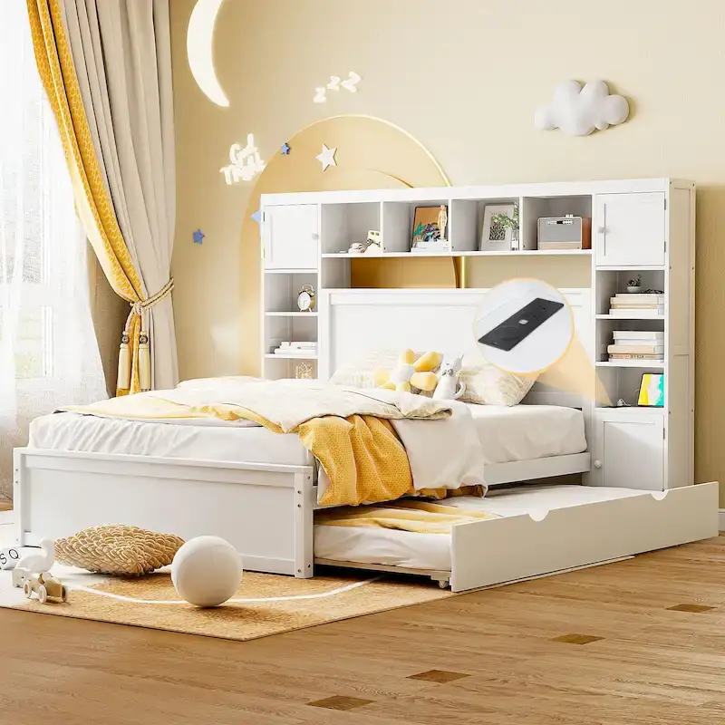 Modern Wooden Bed with Cabinet, Shelf, and Sockets
