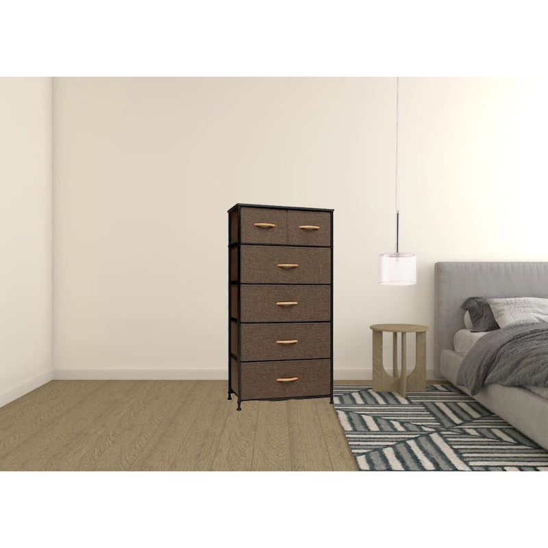 23 Brown Steel and Fabric Six Drawer Combo Dresser
