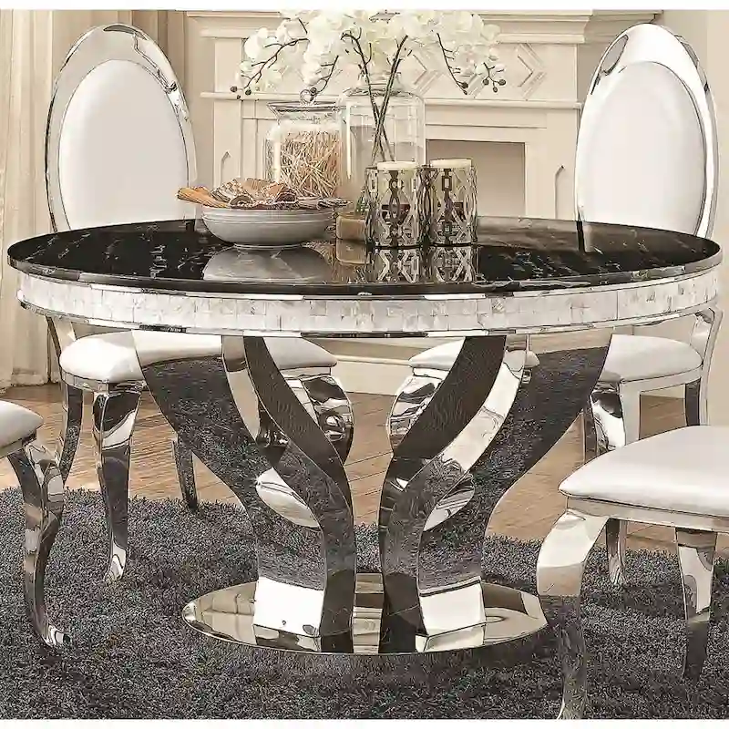 Round Marble Top Dining Table Set with Chrome Legs – Seats 4 to 6