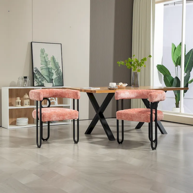Round Back Upholstered Dining Chair, Set of 2 – Pink / Brown / Beige / Black / Red / Grey / Tan