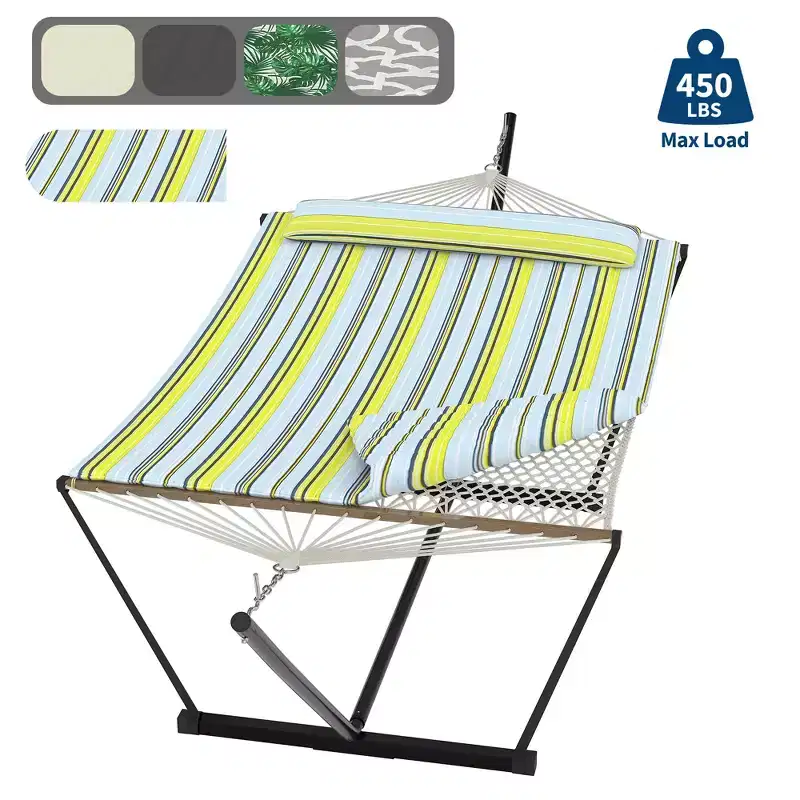 GustoWave 2 Person Portable Double Hammock for Outdoor with Pillow and Steel Stand for Patio, Garden, Beach, 143.7 x 52x43.3