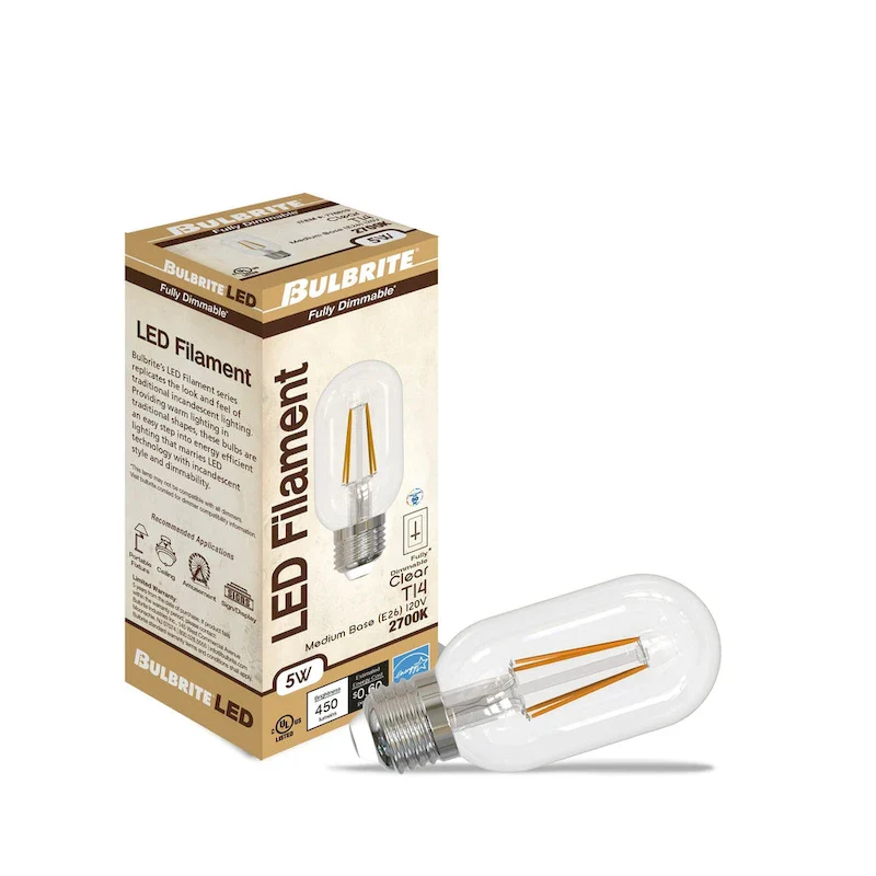 Bulbrite Pack of (4) 5 Watt Dimmable Clear Filament T14 Medium (E26) LED Bulb - 450 Lumens, 2700K, and 90 CRI