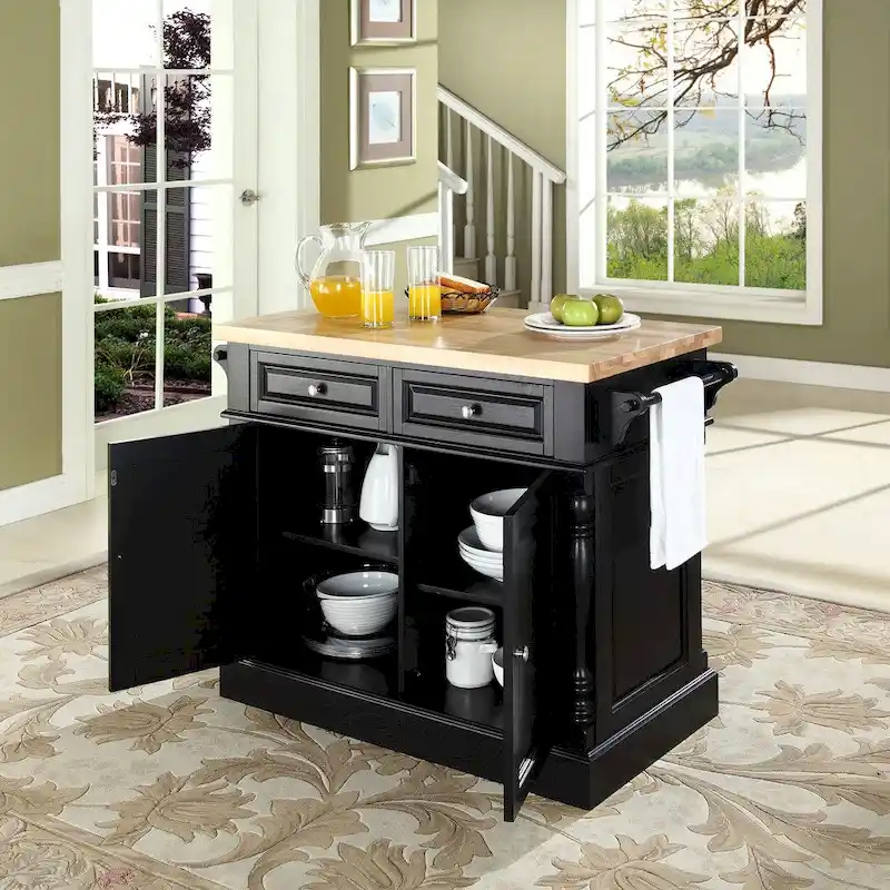 Crosley Oxford Butcher Block Top Kitchen Island in Black Finish - 23d x 47.75w x 35.75h