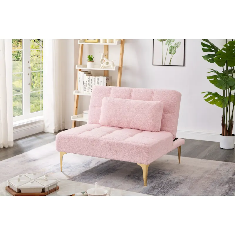 Convertible Futon Chair Sofa Bed with Gold Metal Legs – White / Pink / Taupe, Modern Style, Seats 1