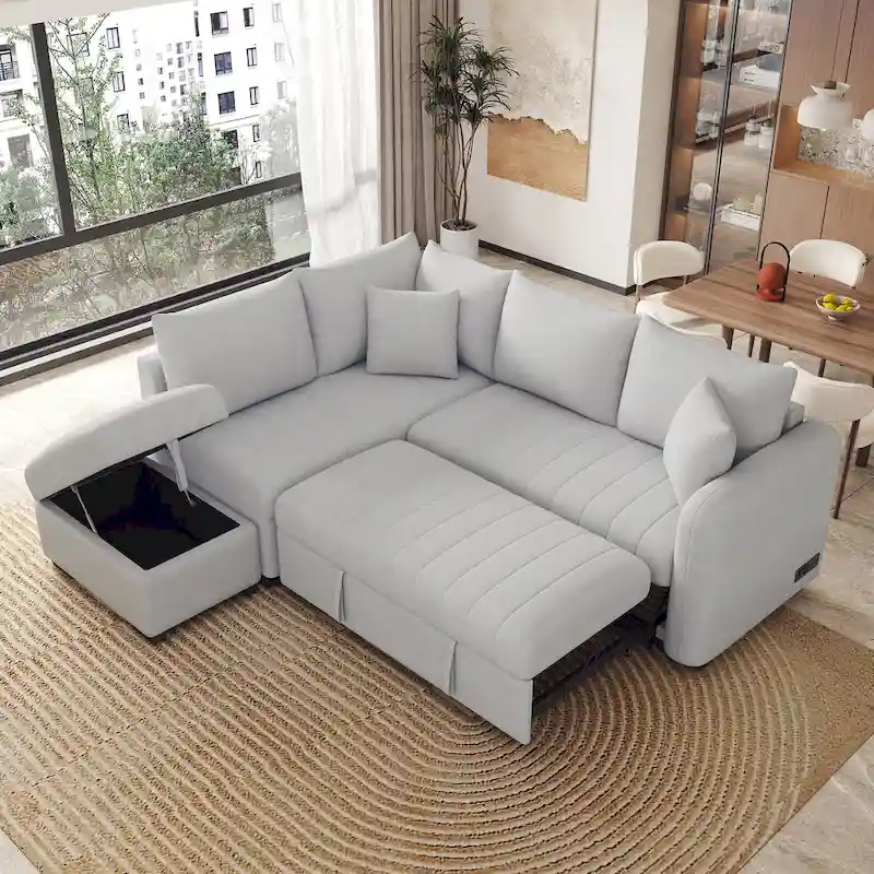 Beige / Grey L-Shaped Sectional Sofa Bed for 3–4, with USB Ports & Storage Ottoman