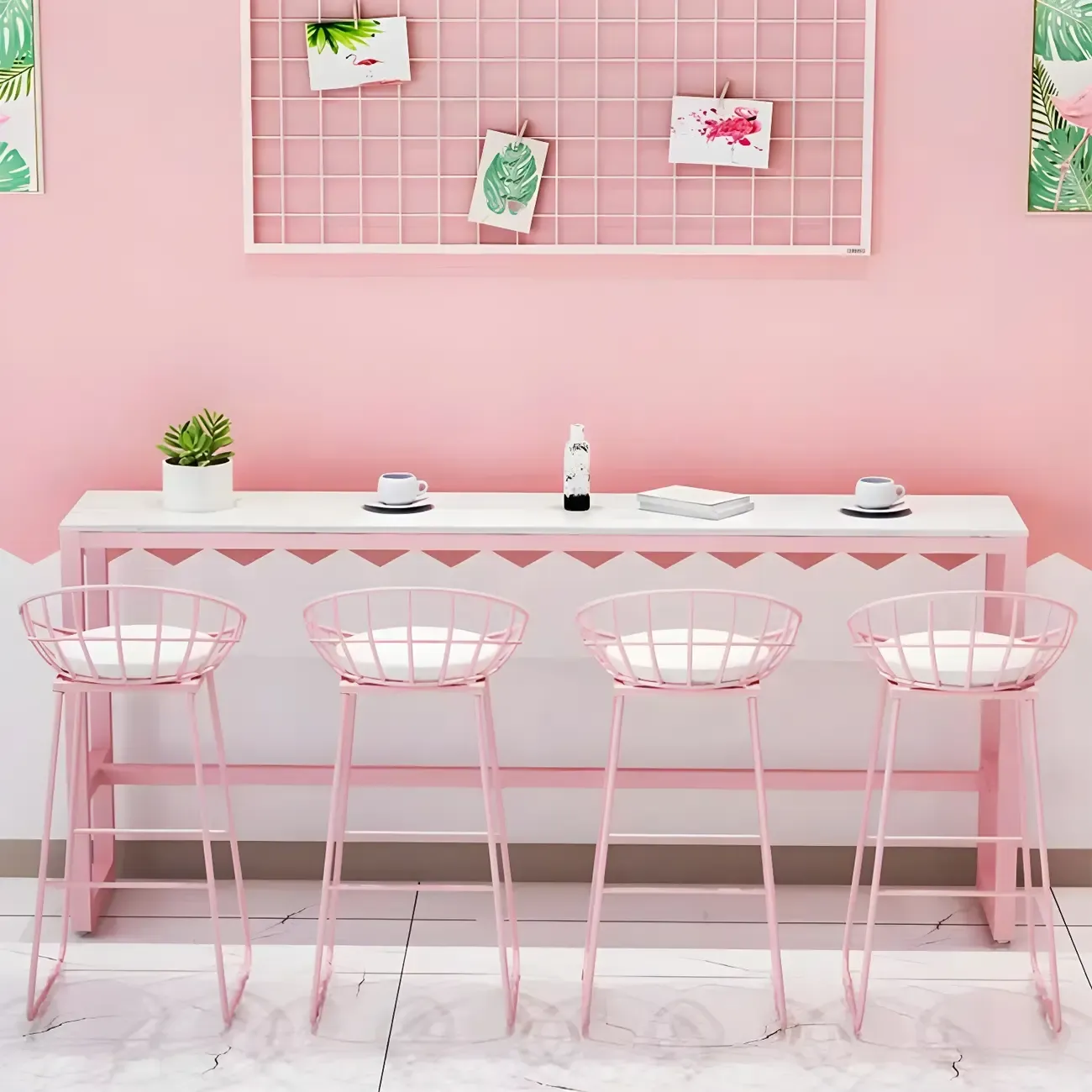 Glam Pink Rectangle Marble Long Bar Table