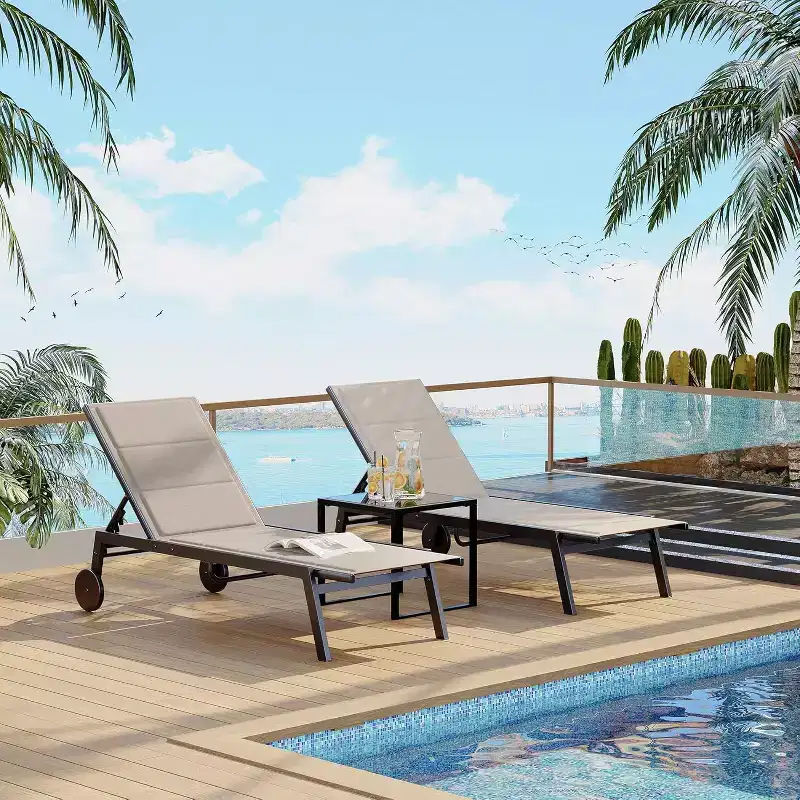Patio Textile Chaise Lounge Chairs with Side Table, 5-Level Backrest Pool Loungers on Wheel, for Outdoor Pool, Yard, Lawn, Beach