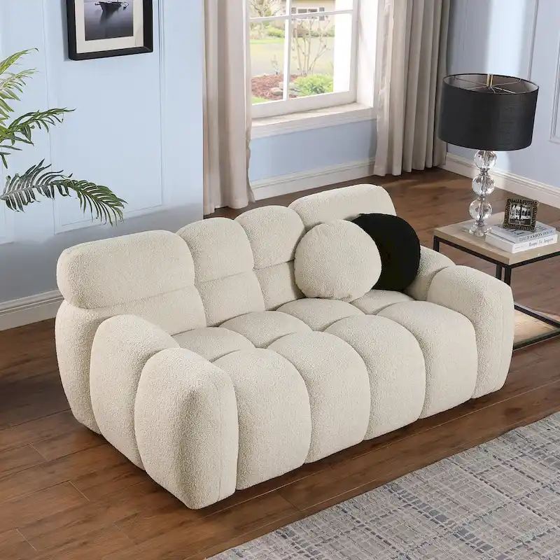 Beige Boucle 3-Seat Sofa with Multi-Density Foam Cushions & 2 Pillows, Modern Style, 3-Person