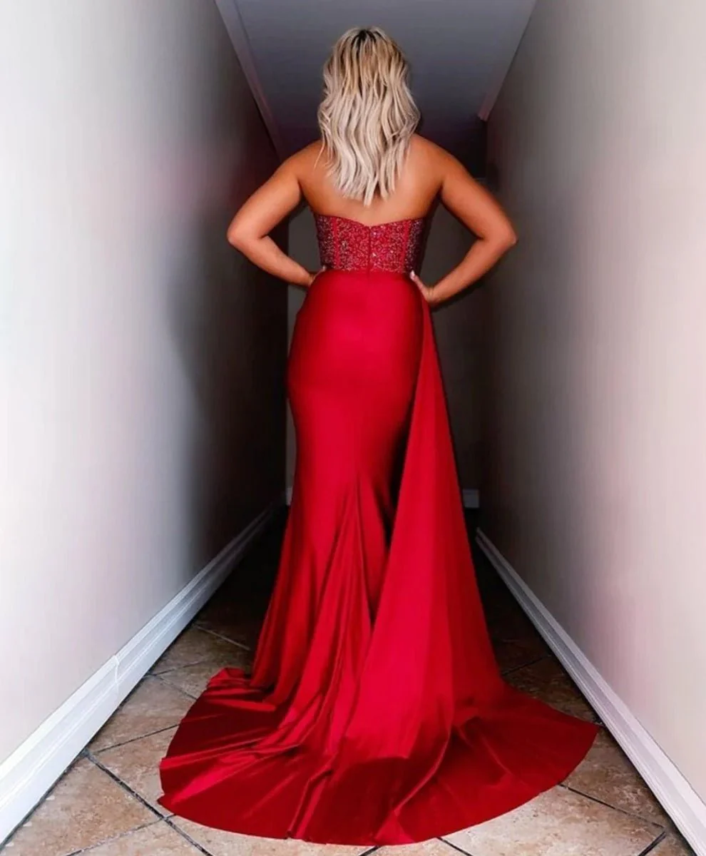 Red Strapless Satin Long Prom Dress with Slit