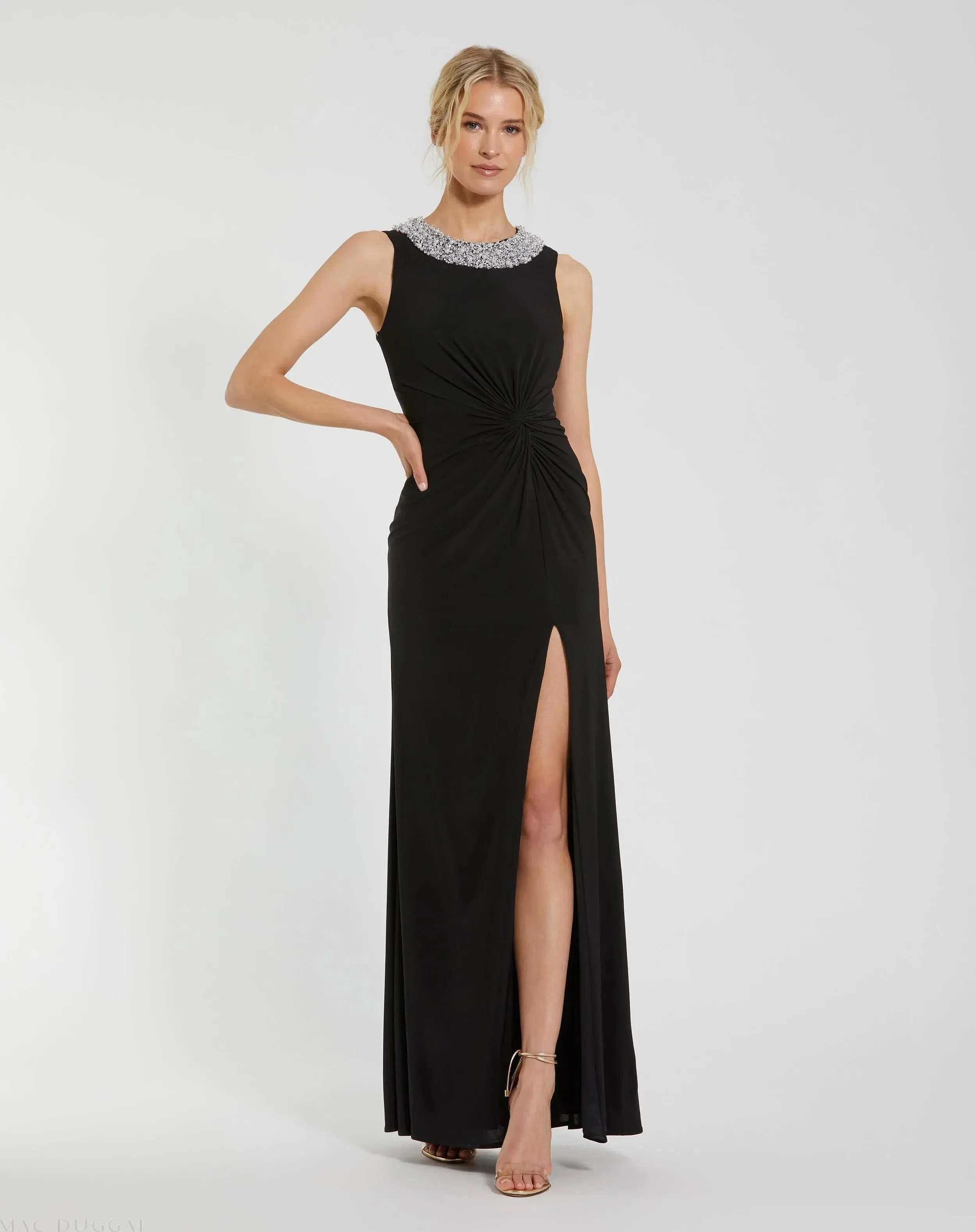Black Jersey Sleeveless Beaded Neck Gown With Twist