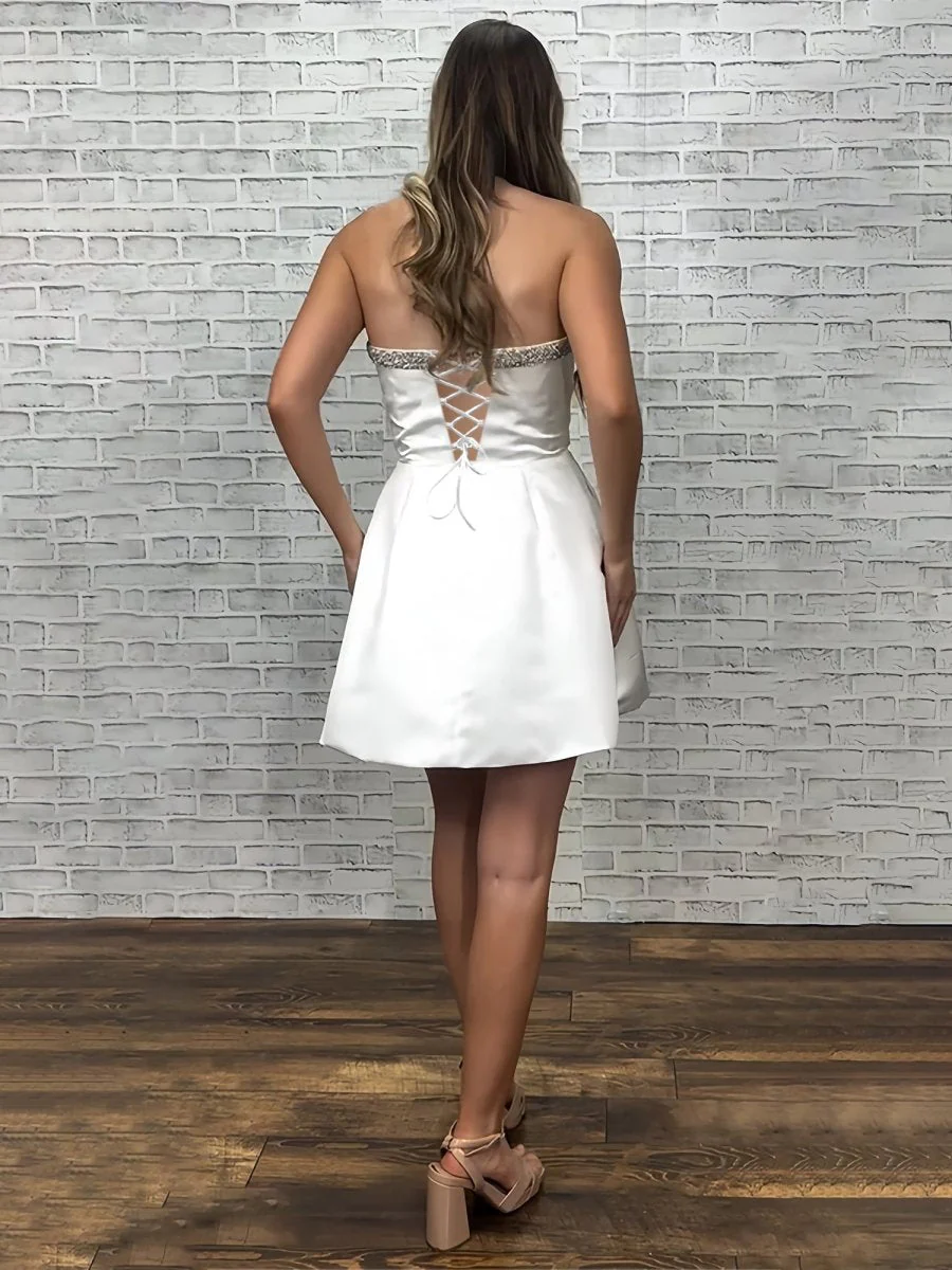 White - Strapless A-Line Beaded Satin Homecoming Dress With Bow