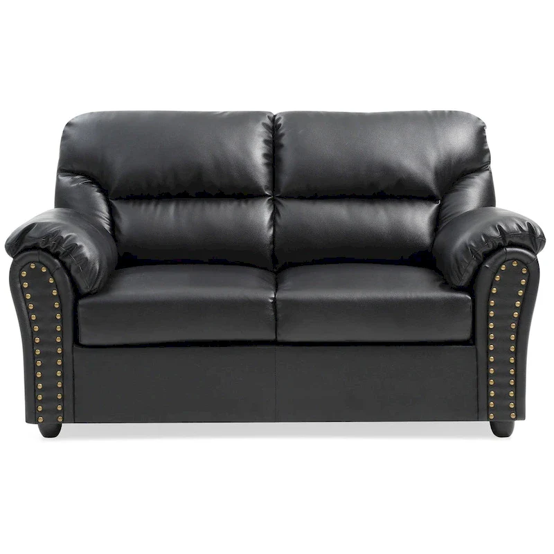 Brown Faux Leather Loveseat with Nailhead Trim - 2 Seater