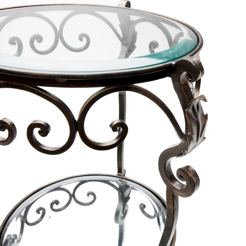 3 Tier Bronze Iron Acanthus Leaf Table with Beveled Glass - 12.5x12.5x34