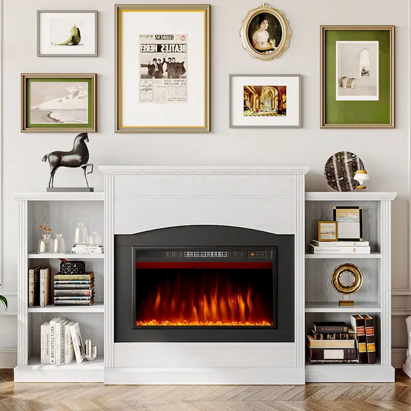 White/Black Modern Electric Fireplace TV Stand with Mantel, 1-Person Room Use