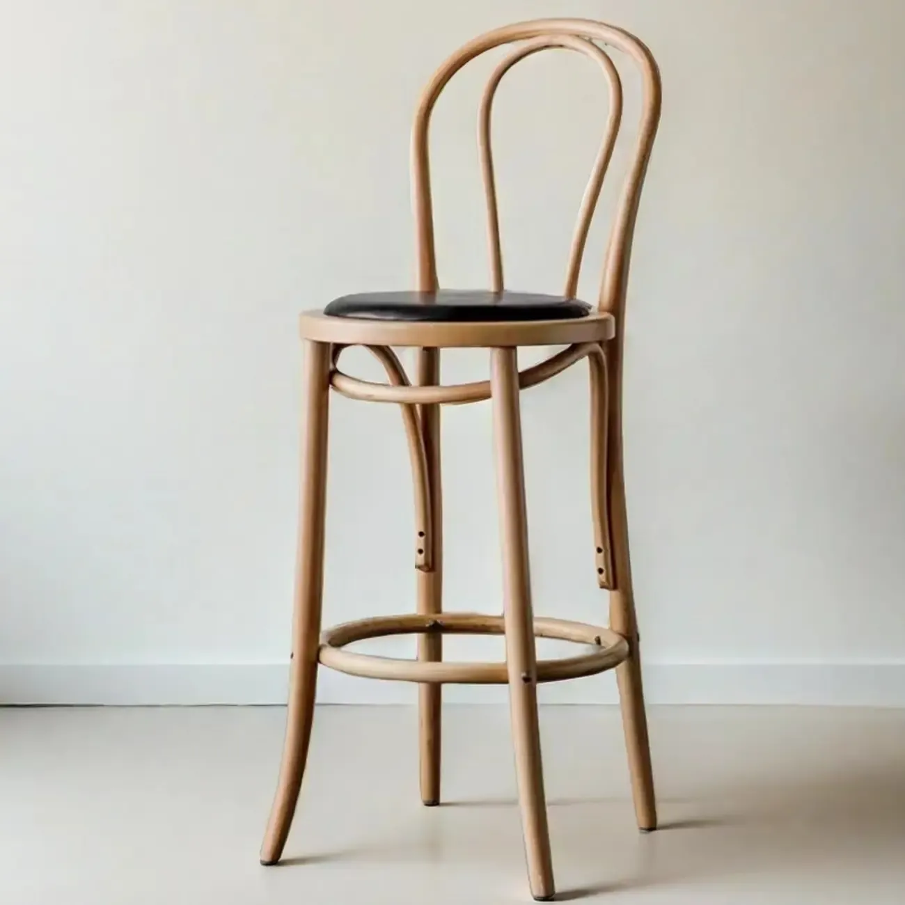 Walnut Beech Wood Leather Seat Bar Stools with Back