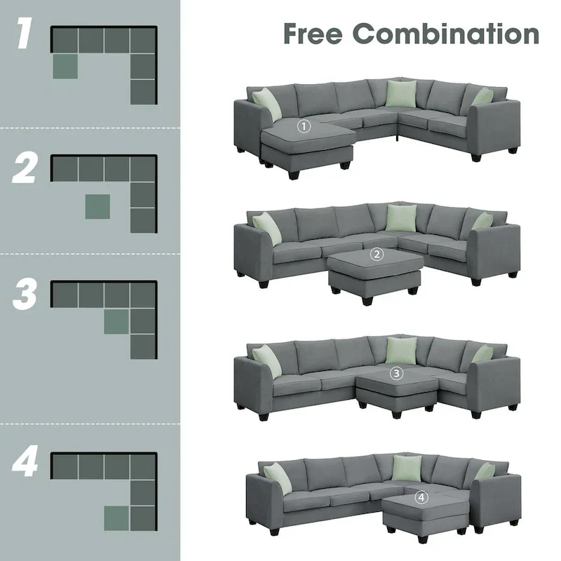 112-inch L-shaped 7-seat Modular Sectional Sofa with Ottoman and Three Pillows - 112W x 87D x 33H