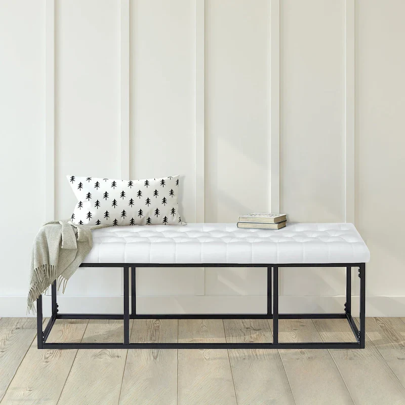 Black Faux Leather Accent Bench with Metal Frame