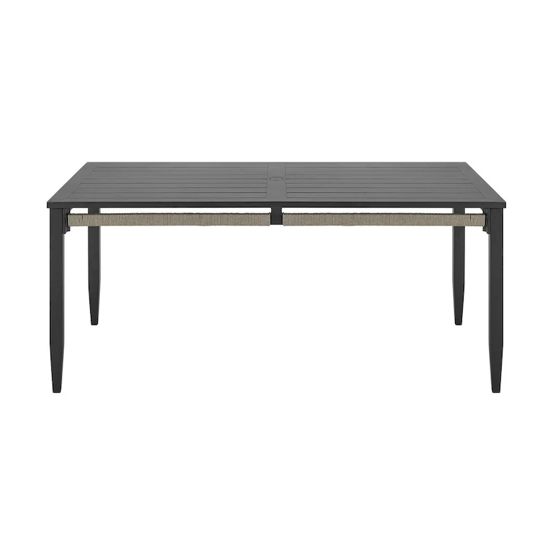 Hosa 66 Inch Outdoor Dining Table, Rectangular Slatted Top, Gray Rope Apron