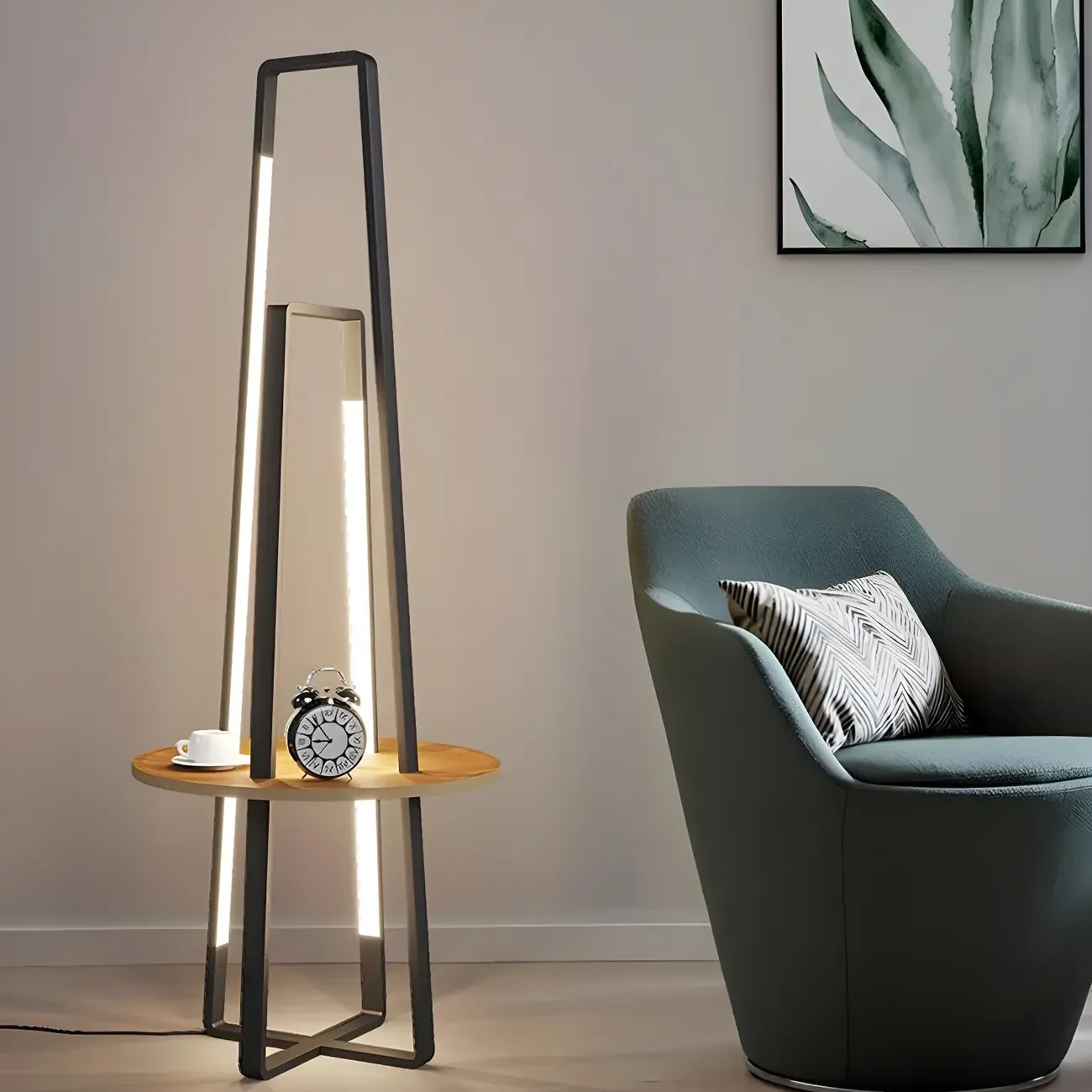 63Black Linear LED Floor Lamp with Shelf for Living Room