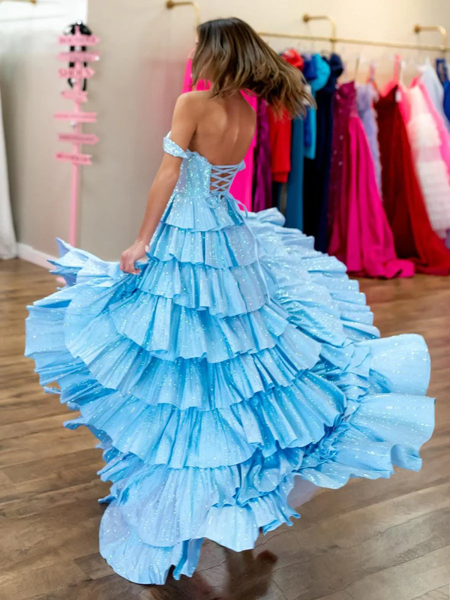 A Line Off-the-Shoulder Satin Tiered Long Prom Dresses With Beads