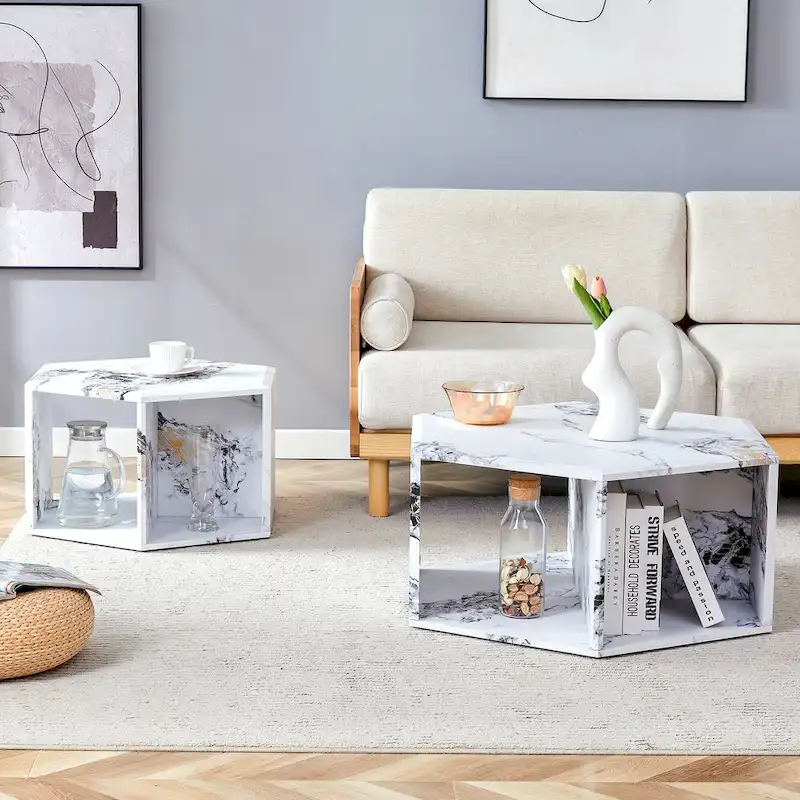 Wood / White / Black Hexagonal Coffee Table Set, 2-Piece
