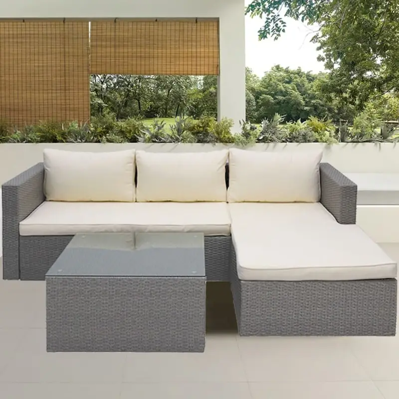 Maypex 3 Piece Wicker Sectional Conversation Set with Cushions Grey