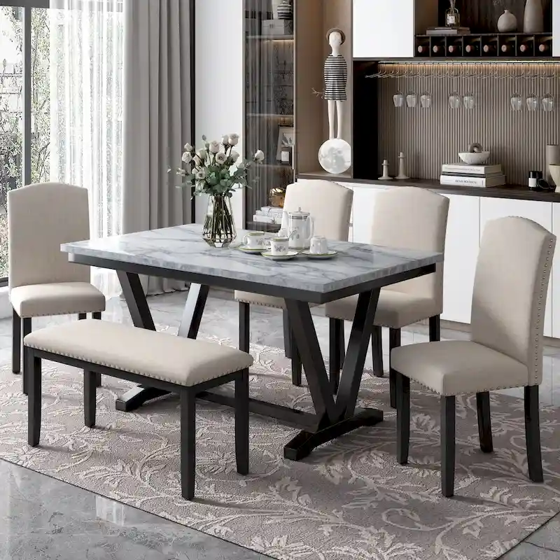 Marbled Veneers Tabletop Dining Table with Chairs and Bench