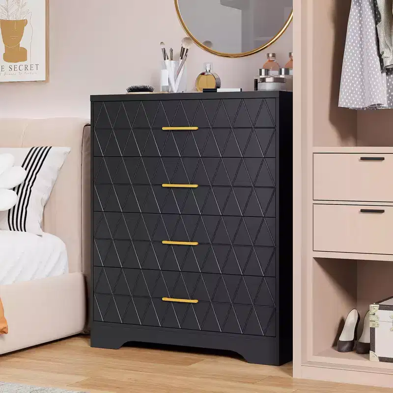 4-Drawer Tall Wood Dresser with Gold Handles, Modern Storage Chest with Wide Top for Bedroom, Closet, Living Room or Hallway