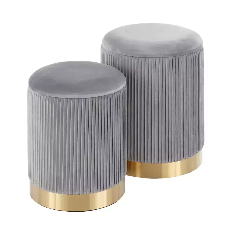 LumiSource Marla Contemporary Nesting Pleated Ottomans Gold/Gray: Velvet Upholstered, Metal Legs, No Assembly Required