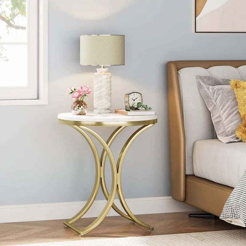 White / Black / Brown Round Faux Marble Top Side Table with Gold Metal Frame, Modern Style, 1-Person