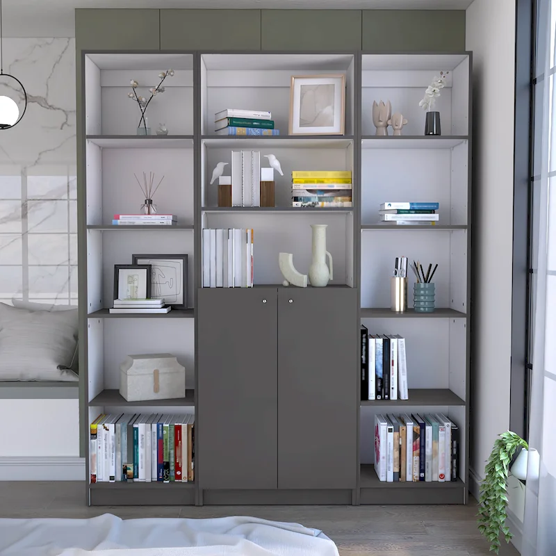 60 Wide 5-Shelf and Cabinet Bookcase Matt Grey - White