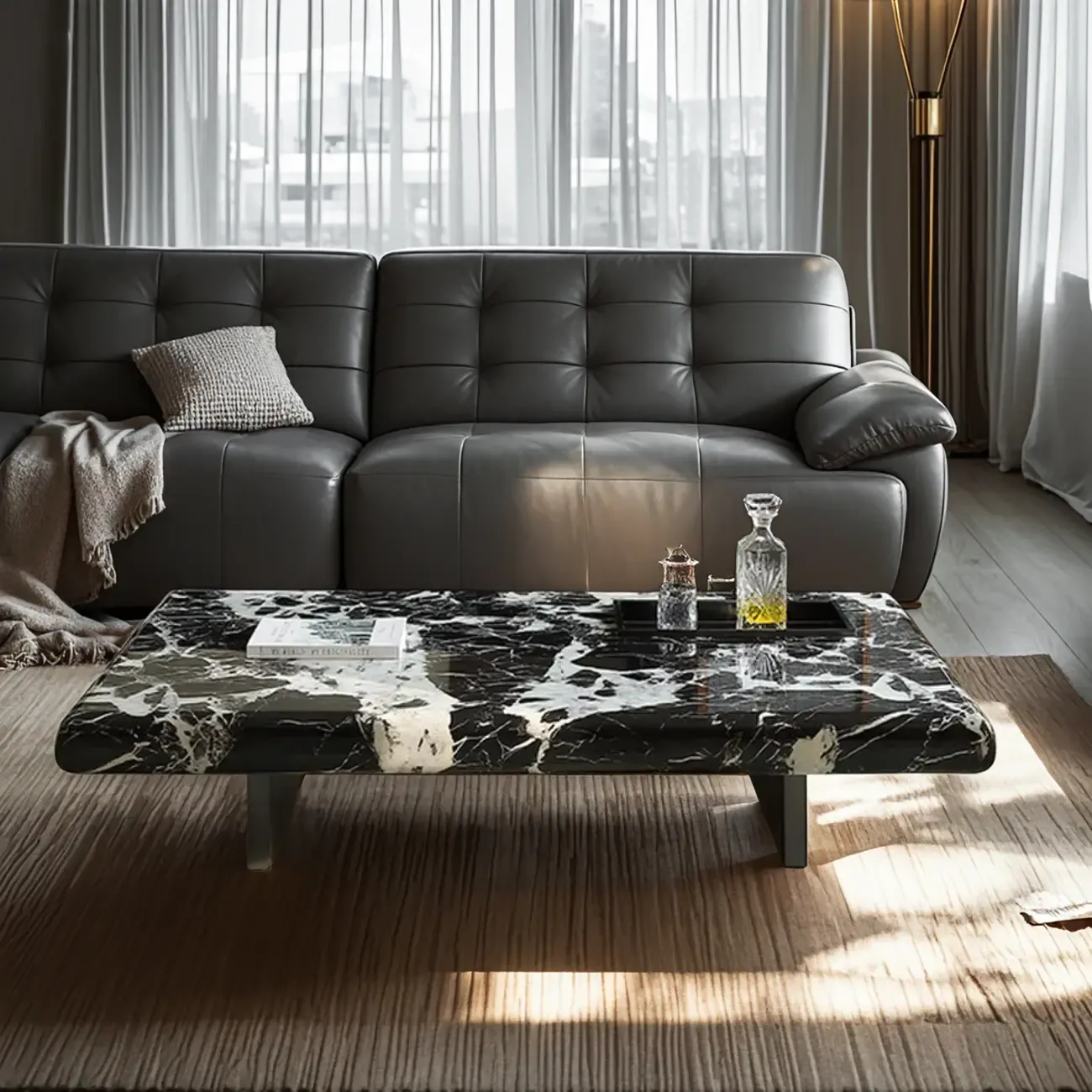 Modern Marble Black Rectangular Sleigh Coffee Table