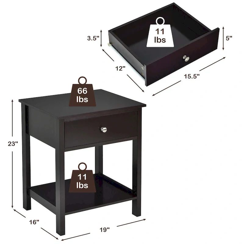Gymax 2PCS 2-Tier Nightstand Modern Side End Table w/ Drawer & Open