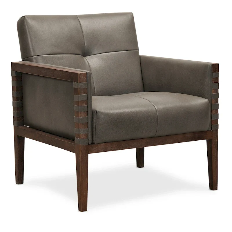 Taupe / Gray Leather Tufted Accent Chair with Wood Frame & Arms – 1-Seat