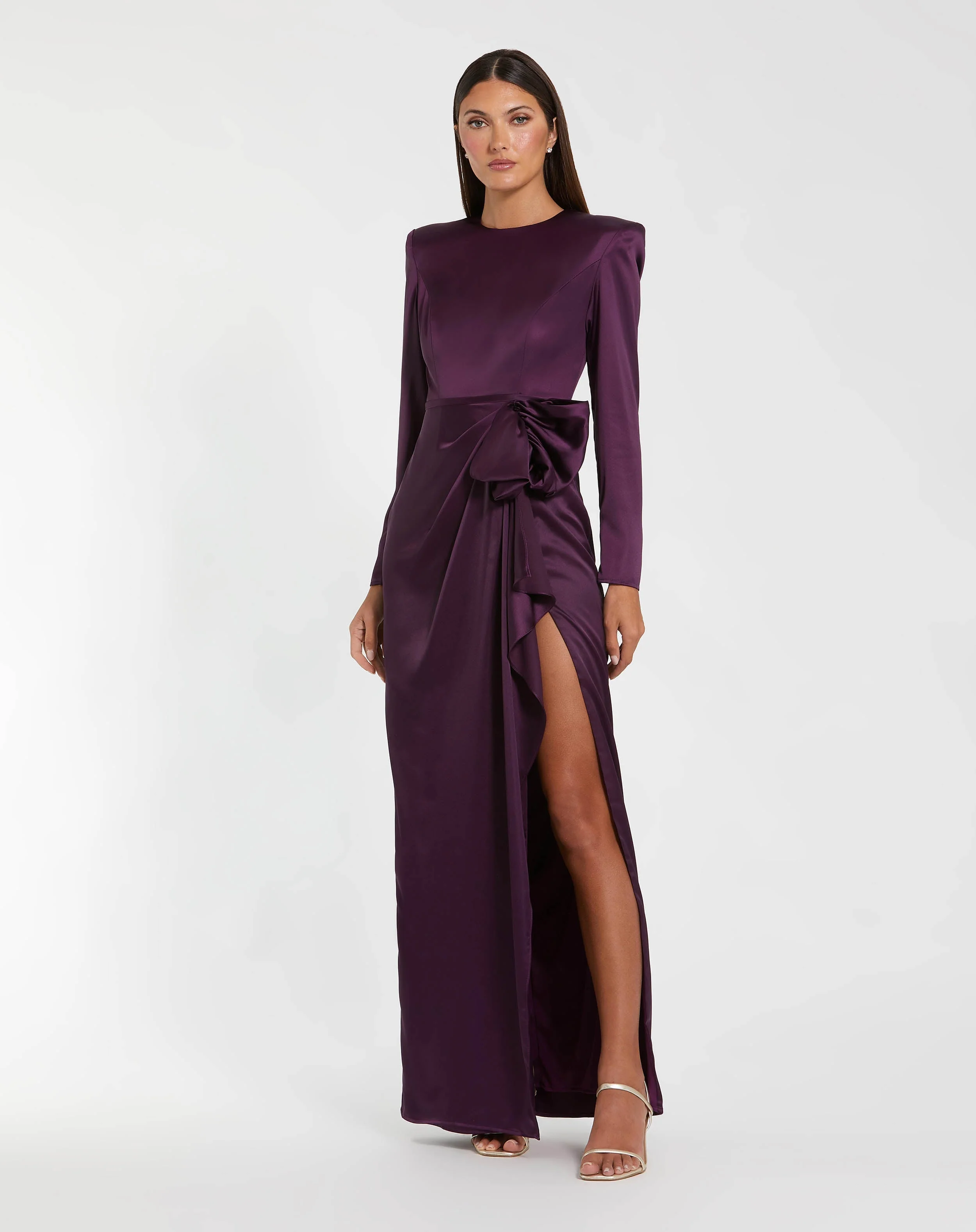 Long Sleeve Structured Satin Bow Draped Column Gown