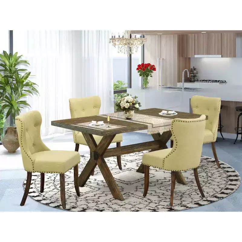 HomeStock 5-Piece Rectangle Distressed Jacobean Finish Solid Wood Top Dining Table with 4-Parson Chair