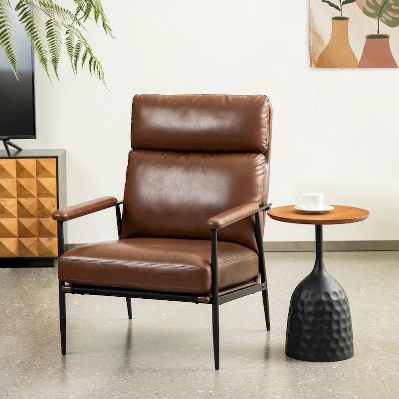 Glitzhome 33.75W Mid-Century Modern Leatherette Armchair With High Back and Padded Arms - 33.75 W x 39.5 H x 28 D
