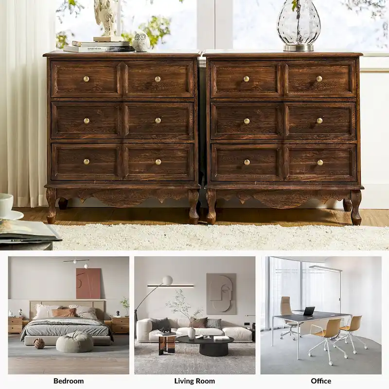 Pallantium Farmhouse 30Tall Distressed 3-Drawer Nightstand With Solid Wood Legs and Adjustable Feet Set Of 2 by HULALA HOME