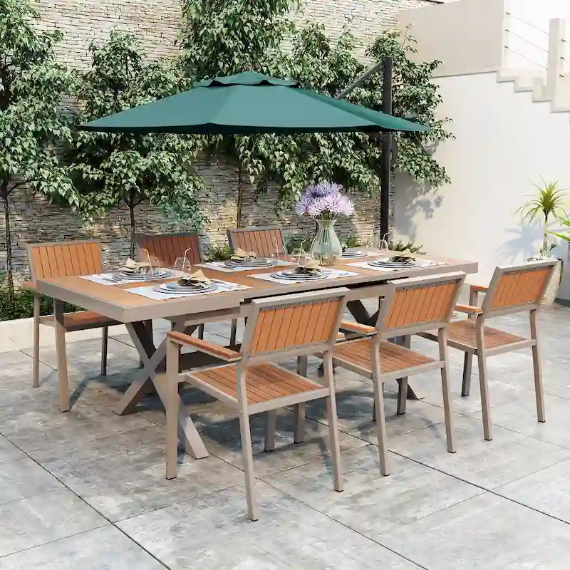 Outdoor Dining Set with 6 Chairs and X-Shaped Legs Extendable Table, Aluminum Patio Dining Table Set