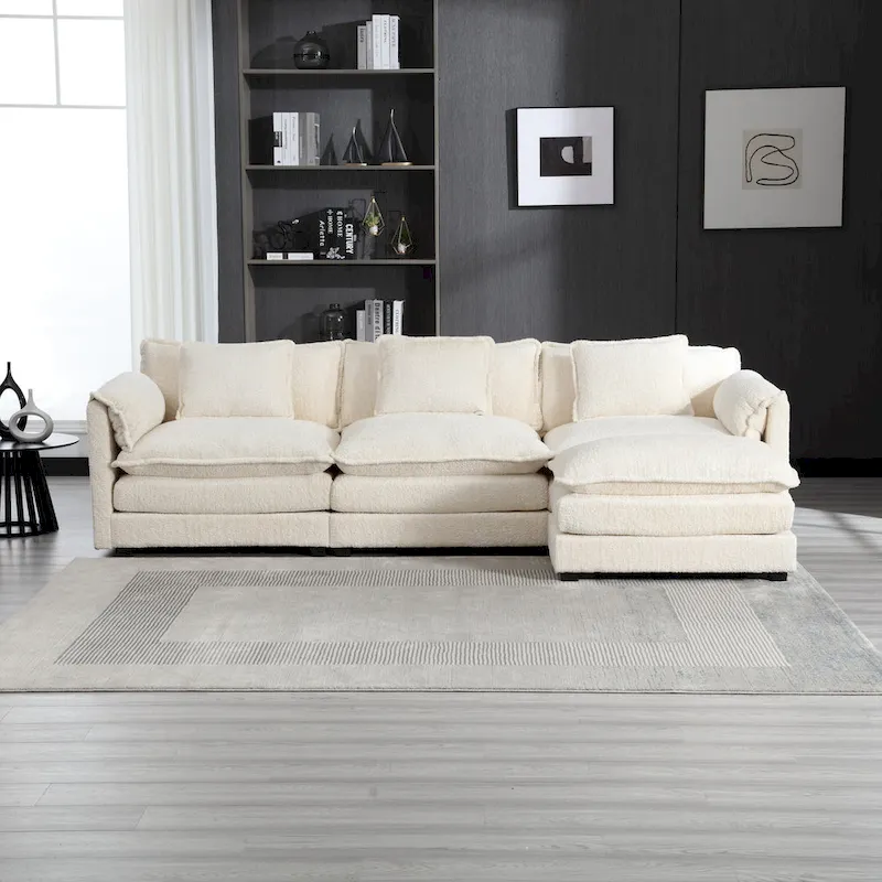 Beige 112.2  L-Shape 4-Seater Sectional Sofa in Modern Boucle Fabric with Removable Cushions and Detachable Armrests