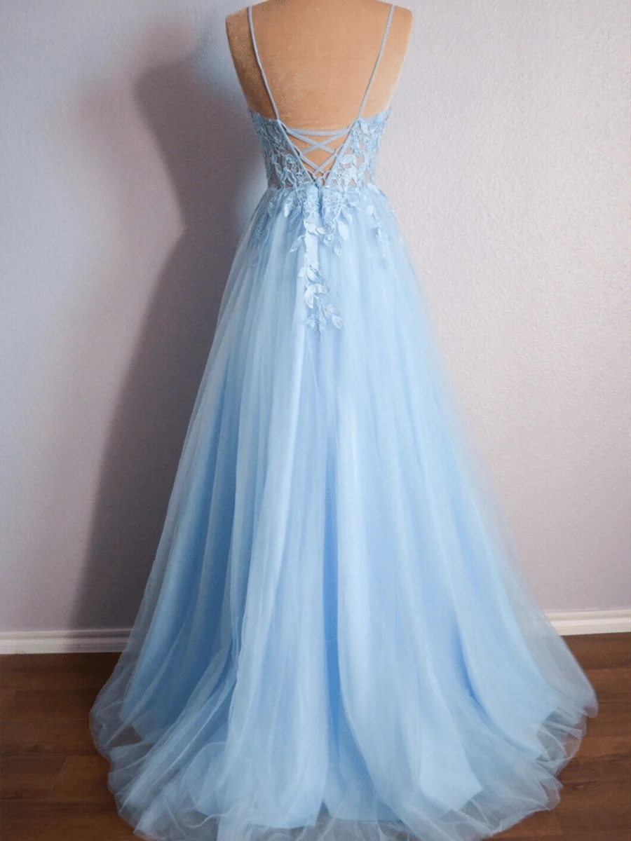 Light Blue V Neck Lace-Up Appliques Tulle Long Prom Dress