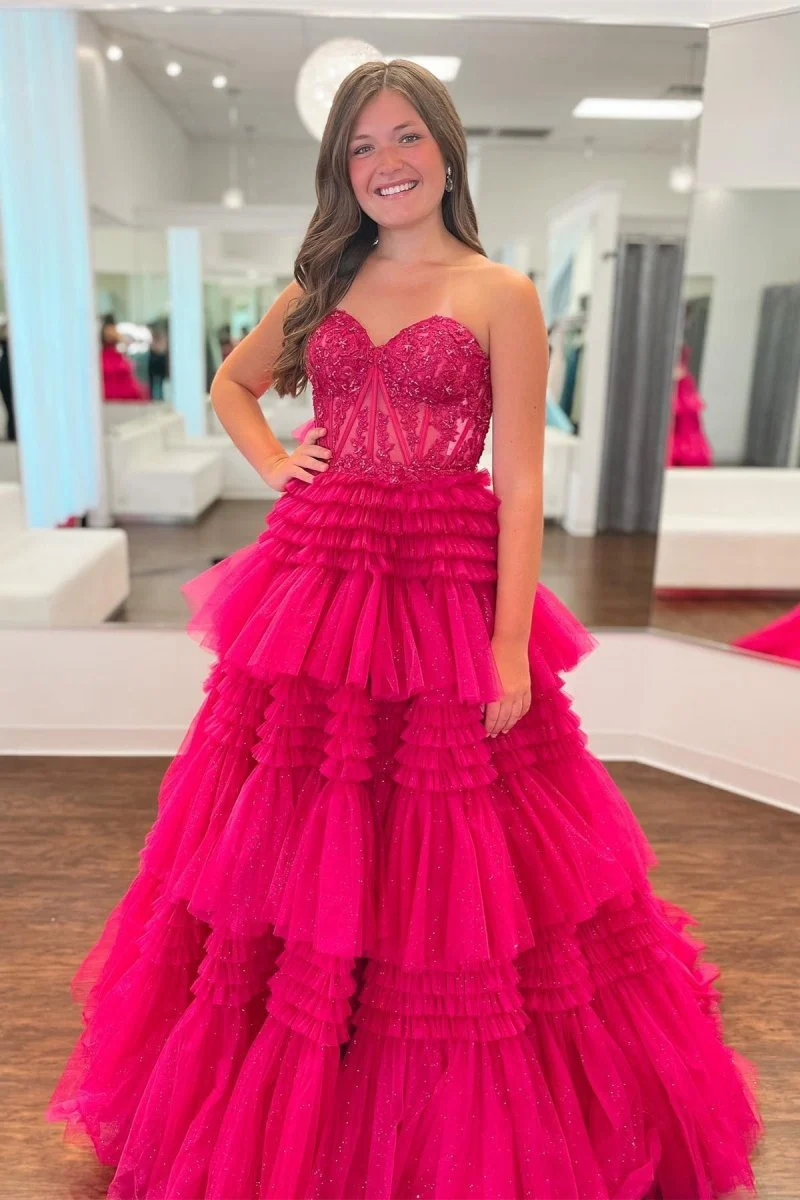 A-Line Sweetheart Tiered Long Tulle Prom Dress