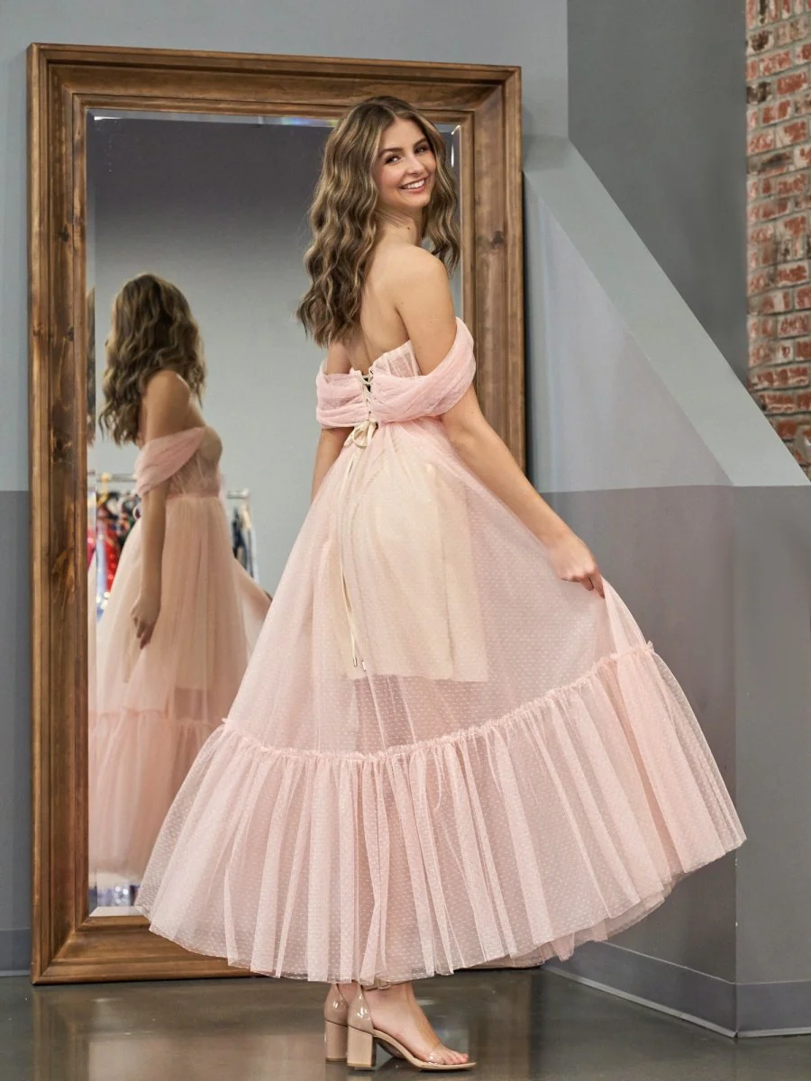 A-Line Rose Pink Tulle Sweetheart Tea-Length Prom Dress